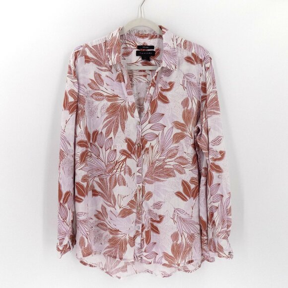 Tahari Linen Shirt Tunic Top Sz XL Roll tab sleeve Floral print White & Brown - Picture 1 of 4